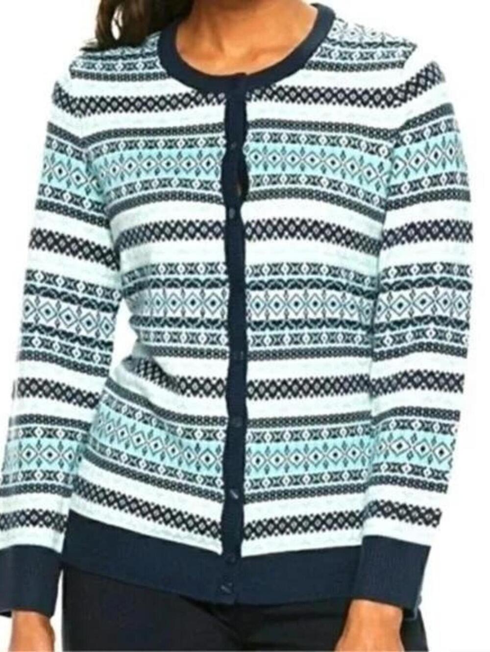 Croft & Barrow XXL $54 Navy Teal White Fair Isle Button Front Cardigan Sweater
